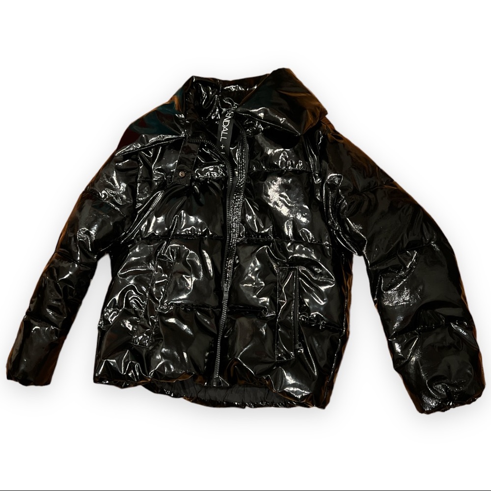 Kendall + Kylie Black Faux Patent Oversized Puffer Coat Jacket size XS